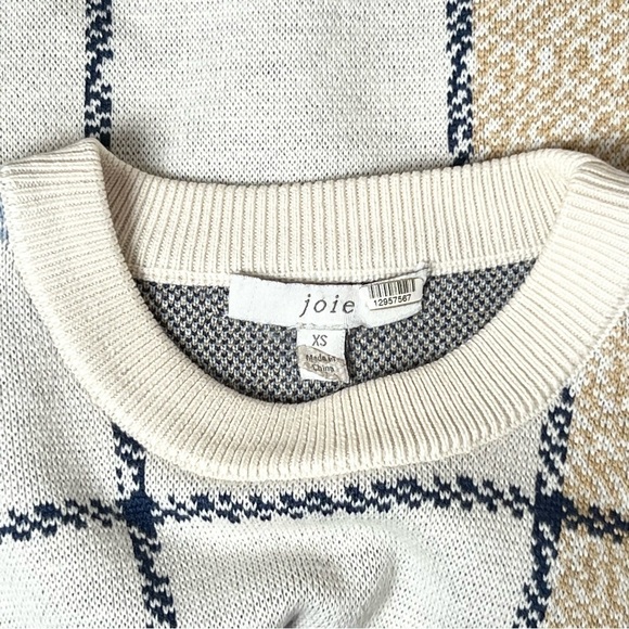 JOIE Wool Plaid Check Knit 3/4 Long Sleeve Crewneck Cropped Pullover Sweater XS - Picture 10 of 14